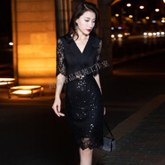 GUYN高檔氣質(zhì)黑色晚禮服女平時(shí)可穿輕奢小眾名媛小個(gè)子修身連衣褲女 黑色 M
