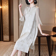 SOEM寬松桑蠶絲連衣裙媽媽裝春夏新款氣質(zhì)長(cháng)裙顯瘦高端真絲裙子女 杏色 6XL 建議200-220斤穿