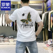 羅蒙（ROMON）2025夏季新款時(shí)尚潮流短袖T恤圓領(lǐng)半袖男裝蝴蝶印花上衣 雪純白  純棉 L 110斤-125斤