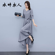 水畔衣人端莊大氣棉麻連衣裙2025新款春秋女裝廣州亞麻超好看十三行長(cháng)裙子 灰色《今年流行時(shí)尚網(wǎng)紅/休閑氣 M