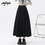MJ STYLE半身裙女夏季新款百褶裙西裝中長(cháng)裙高腰顯瘦優(yōu)雅a字裙 黑色 M
