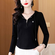 對蘭長(cháng)袖打底衫女裝2025秋季新款簡(jiǎn)約連帽T恤女收腰顯瘦百搭洋氣上衣 黑色 M