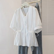 Radinka2025夏新款短袖上衣洋氣小衫法式氣質(zhì)絕美獨特別致雪紡襯衫XNE V領(lǐng)釘珠系帶 白色 M
