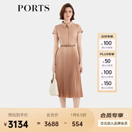 PORTS寶姿女裝春夏新款通勤襯衫領(lǐng)拼接百褶收腰短袖中長連衣裙 珍珠粉-1 XL (10)