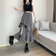 BJORN MOAN不規(guī)則半身裙女夏季韓版高腰荷葉邊碎花百搭開(kāi)叉包臀中長(zhǎng)裙感 黑色 S