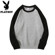 花花公子（PLAYBOY）350G重磅圓領(lǐng)衛(wèi)衣男士2025春秋季美式拼接打底衫寬松長袖t恤男 黑拼麻灰 M （90-110斤）