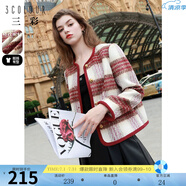 三彩女裝2024冬季新款香風(fēng)毛呢大衣圓領(lǐng)短款復(fù)古格紋外套寬松女 紅咖啡 XL 170/92A