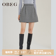 OBEG歐碧倩秋冬花苞式半身裙女千鳥格羊毛呢A字裙子10404108 黑格 165/M/38