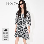 MO&Co.【涼感抗菌】混紡法式春日碎花連衣裙氣質(zhì)黑白裙子女 黑白花色 S 160