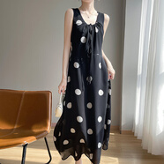 LISL AVE A喬其紗無(wú)袖波點(diǎn)系帶連衣裙女2025夏款垂感絲滑顯瘦高腰A字背心裙 黑色 JXYZREZ-8279 L