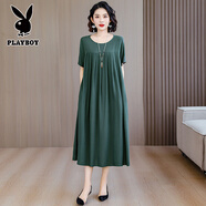 花花公子（PLAYBOY）高端中老年棉綢連衣裙夏季年輕款中年媽媽時(shí)尚新款長裙子氣質(zhì)外穿 黛綠 XL 建議90-125斤