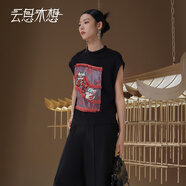云思木想Ysimo-X摩登國風(fēng)2025夏季新款純棉飛袖繡花T恤女12921 黑色 S