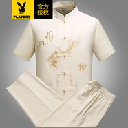 花花公子唐裝中山裝男士春夏季中國風(fēng)短袖套裝道袍漢服晨練服民族風(fēng)古裝 大龍短袖卡其套裝 2XL