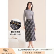 香影格子毛呢半身裙女2024秋冬新款高腰a字輕熟風美拉德咖色裙子 灰色A844032 L