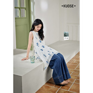 闊色（kuose）天絲刺繡碎花背心吊帶女25夏季新款網(wǎng)紗收腰氣質(zhì)白色上衣長款 米白色 L