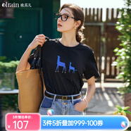 Olrain歐芮兒黑色短袖T恤女夏季新款精致繡花寬松百搭上衣 黑色 XL