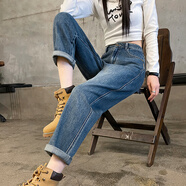 菡芬哈倫牛仔褲女春秋2025年新款高腰寬松直筒蘿卜褲顯瘦香蕉老爹褲子 深藍色 M
