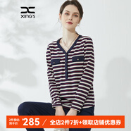 邢氏女裝春新款v領(lǐng)條紋打底衫女修身氣質(zhì)洋氣長袖t恤上衣 藍(lán)紅條紋 3XL 46(170/108B