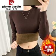 皮爾卡丹（pierre cardin）秋冬季加絨加厚毛衣女一體絨圓領(lǐng)內搭打底針織衫修身大尺碼保暖上 咖啡色（低圓領(lǐng)） S 建議80-90斤