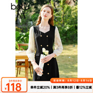 百圖betu女裝春夏新款連衣裙方領(lǐng)雙層蕾絲長(cháng)袖連衣裙女2302T73 黑色 S