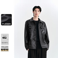 太平鳥男裝PU皮夾克明線茄克翻領外套休閑上衣潮 黑色（合體） L