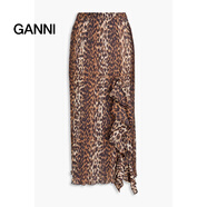 GANNI 奢侈品 女士 荷葉邊豹紋雪紡中長(cháng)半身裙 Brown 20 | 32 DE
