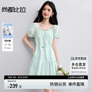尚都比拉歐若風(fēng)純棉串珠鏤空V領(lǐng)短袖連衣裙女夏季分割細(xì)褶A字裙度假中短裙