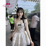 蜜樂奇法式公主露背蝴蝶結連衣裙女夏季少女感溫柔甜美顯瘦蛋糕蓬蓬裙子 純色蕾絲蓬蓬裙【立體蝴蝶結】 L 【建議105-115斤穿】
