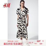 H&M女裝花卉連衣裙夏季通勤氣質(zhì)腰部系帶襯衫式短袖連身裙1233620 奶油色/圖案 155/80 XS
