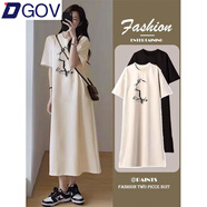 DGOV慵懶風(fēng)短袖連衣裙女2025新款夏裝棉質(zhì)中長款過膝t恤裙夏季長裙子 杏色KO貓 M 建議80-100斤
