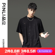 品立（PINLI）短袖T恤男夏季潮牌寬松大碼燙銀工藝男士半袖體恤上衣 黑色 L 175
