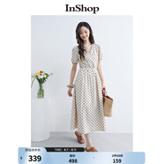 InShop【商場同款】新款立體泡泡袖氣質(zhì)連衣裙女復古撞色波點長裙 杏花 S