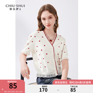 秋水伊人氣質(zhì)波點V領(lǐng)針織開衫夏季新款女裝設(shè)計感短袖上衣 米白 L