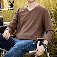 花花公子（PLAYBOY）雙面絨打底衫男v領(lǐng)秋冬雞心領(lǐng)長袖T恤加厚加絨一體絨內(nèi)搭保暖秋衣 21024棕色 M (適合115斤以下)