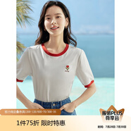 茵曼涼感撞色繡花女裝正肩短袖t恤2025夏季新品打底衫上衣 珍珠白1 L