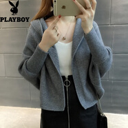 花花公子（PLAYBOY）短外套毛衣2025春裝新款女長袖寬松帶帽針織衫早秋冬開衫厚蝙蝠衫 灰色 XL 建議115-125斤