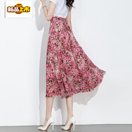 初徑2025新款清新碎花夏季雪紡半身裙大擺過(guò)膝A字中長(cháng)裙度假紅色 玫紅小花 S 合適體重88-95裙長(cháng)75