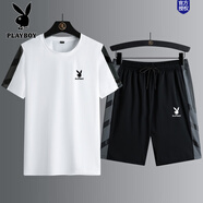 花花公子（PLAYBOY）冰絲運動(dòng)套裝男士夏季新款速干短袖T恤薄款休閑青春時(shí)尚三件套潮 1915白色短套 L 【建議105-125斤】