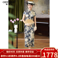 歐迪鳥英國品牌青花瓷真絲旗袍2024夏季新款感復古改良長款新中式桑蠶絲 花色 2XL