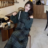 拉夏貝爾（La Chapelle）針織連衣裙女裝新款2025年秋冬裙小個子氣質(zhì)中長款兩件套套裝裙子 綠色毛衣+背帶裙[高質(zhì)量] 兩件套 L 建議105-115斤