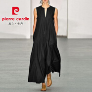 皮爾卡丹（PIERRE CARDIN）歐美風(fēng)格街頭大碼女裝英倫:復古深V領(lǐng)印花無(wú)袖套頭背心連衣裙長(cháng)裙 黑色 M