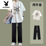 花花公子（PLAYBOY）夏季純棉短袖T恤套裝男生帥氣一套搭配直筒長(cháng)褲青少年夏裝一整套 白色星星短.袖+黑色長(cháng)褲 兩件套 S