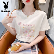 花花公子（PLAYBOY）白色短袖純棉正肩t恤女裝2025年新款夏季寬松設(shè)計(jì)感上衣服潮ins 【GARDEN-花】白棉 S 建議85-95斤