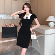 小個(gè)子氣質(zhì)套裝娃娃領(lǐng)修身包臀裙女法式泡泡袖收腰黑色顯瘦連衣裙 黑色 S