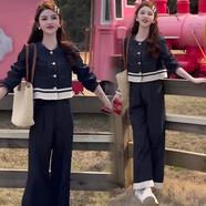 可茵（Keyin）休閑褲女裝套裝2025年秋季新款時(shí)尚洋氣拼接蕾絲長(cháng)袖上衣褲子女 深藍色褲子套裝 M