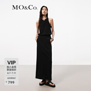 MO&Co.連衣裙夏三醋酸混紡拼接中低腰松緊腰垂墜長(cháng)線(xiàn)條削肩摩安珂 黑色 XS 155
