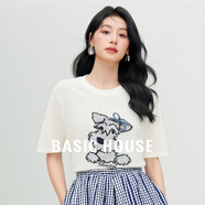 百家好（Basic House）Basic House/百家好卡通刺繡短袖針織衫夏季短款輕薄圓領(lǐng)撞色上衣 白色 M