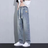 暢登（CHANGDENG）男士牛仔褲寬松直筒潮牌系繩牛仔褲男生美式水洗闊腿褲男士長褲子 淺藍(lán)色 M