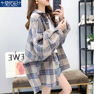 莫代爾設計感小眾上衣外套女2025春秋新款時(shí)尚格子襯衫女寬松中長(cháng)款 藍色外套 M