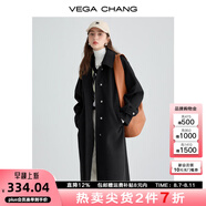 VEGA CHANG毛呢大衣女中長款2025冬新款愛心扣高級感外套 簡約黑 L